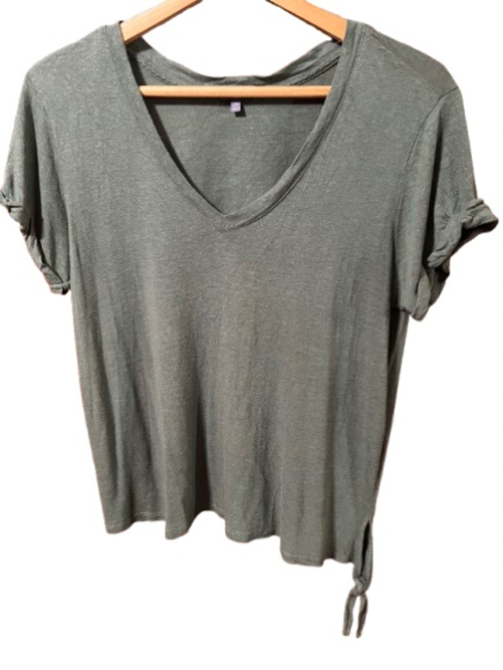 Democracy V-Neck Short Sleeve Tie-Hem Top - Olive Size Medium
